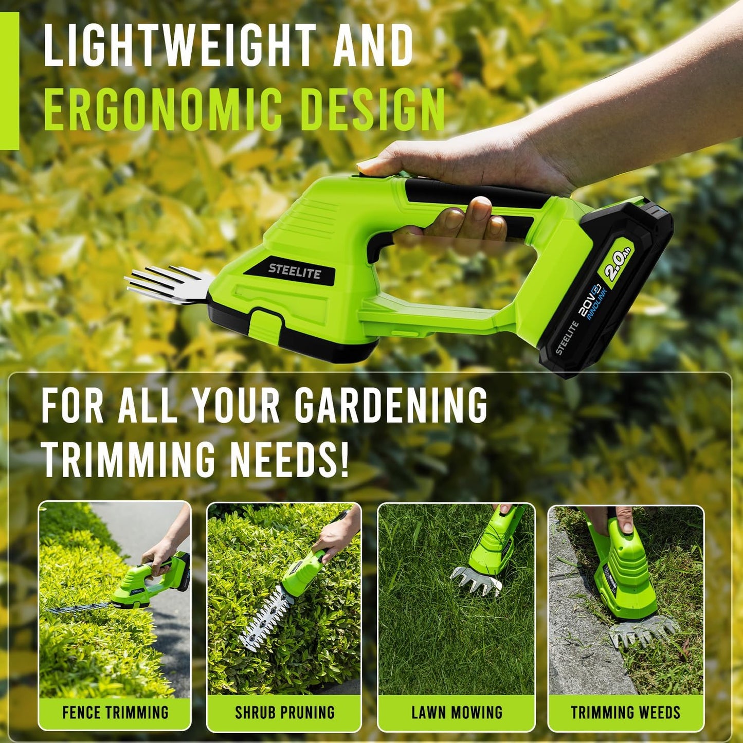 STEELITE Hedge Trimmer Cordless, 21V Handheld Shrub & Bush Trimmer Electric with 2.0Ah Battery, Fast Charger, Mini Grass Trimmer for Effortless Trimming