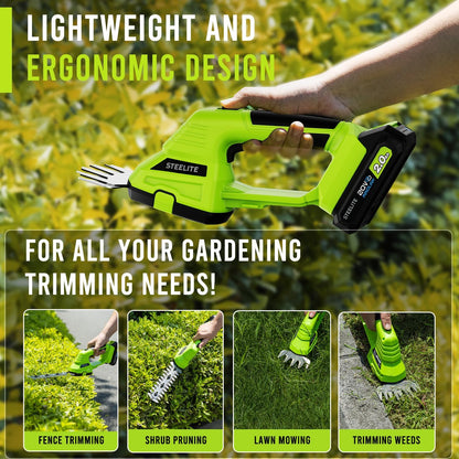 STEELITE Hedge Trimmer Cordless, 21V Handheld Shrub & Bush Trimmer Electric with 2.0Ah Battery, Fast Charger, Mini Grass Trimmer for Effortless Trimming