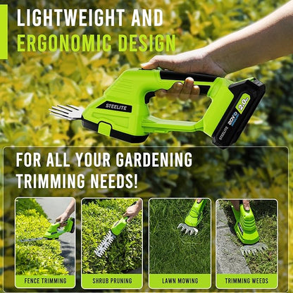 STEELITE Hedge Trimmer Cordless, 21V Handheld Shrub & Bush Trimmer Electric with 2 x 2.0Ah Batteries, Fast Charger, Mini Grass Trimmer for Effortless Trimming