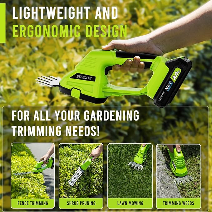 STEELITE Hedge Trimmer Cordless, 21V Handheld Shrub & Bush Trimmer Electric with 2.0Ah Battery, Fast Charger, Mini Grass Trimmer for Effortless Trimming