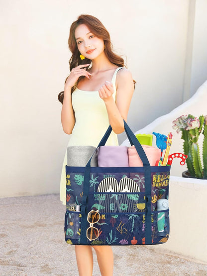 Mesh Beach Bag, Large Beach Tote with Zipper Pocket for Family Pool Bag for Toys & Vacation Essentials
