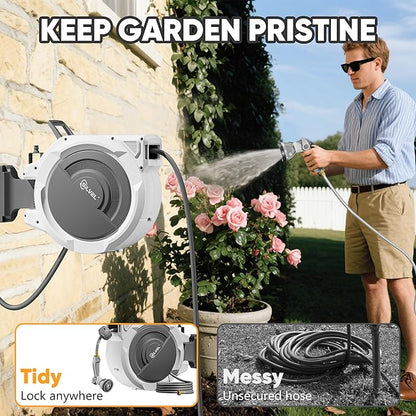 SILVEL Retractable Garden Hose Reel – 5/8 in x 75FT Heavy Duty Automatic Hose Reel Wall Mounted, Upgraded UV Resistant with 10 Pattern Nozzle, Any Length Lock & Slow Return System, 180°Swivel Bracket