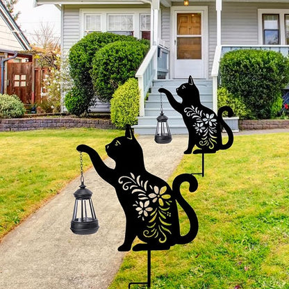 Afirst Solar Outdoor Garden Stake Solar Cat Decorative Stake Light with Lantern Decorative Lights Metal Outdoor Ornament for Yard Pathway Lawn Patio Decoration