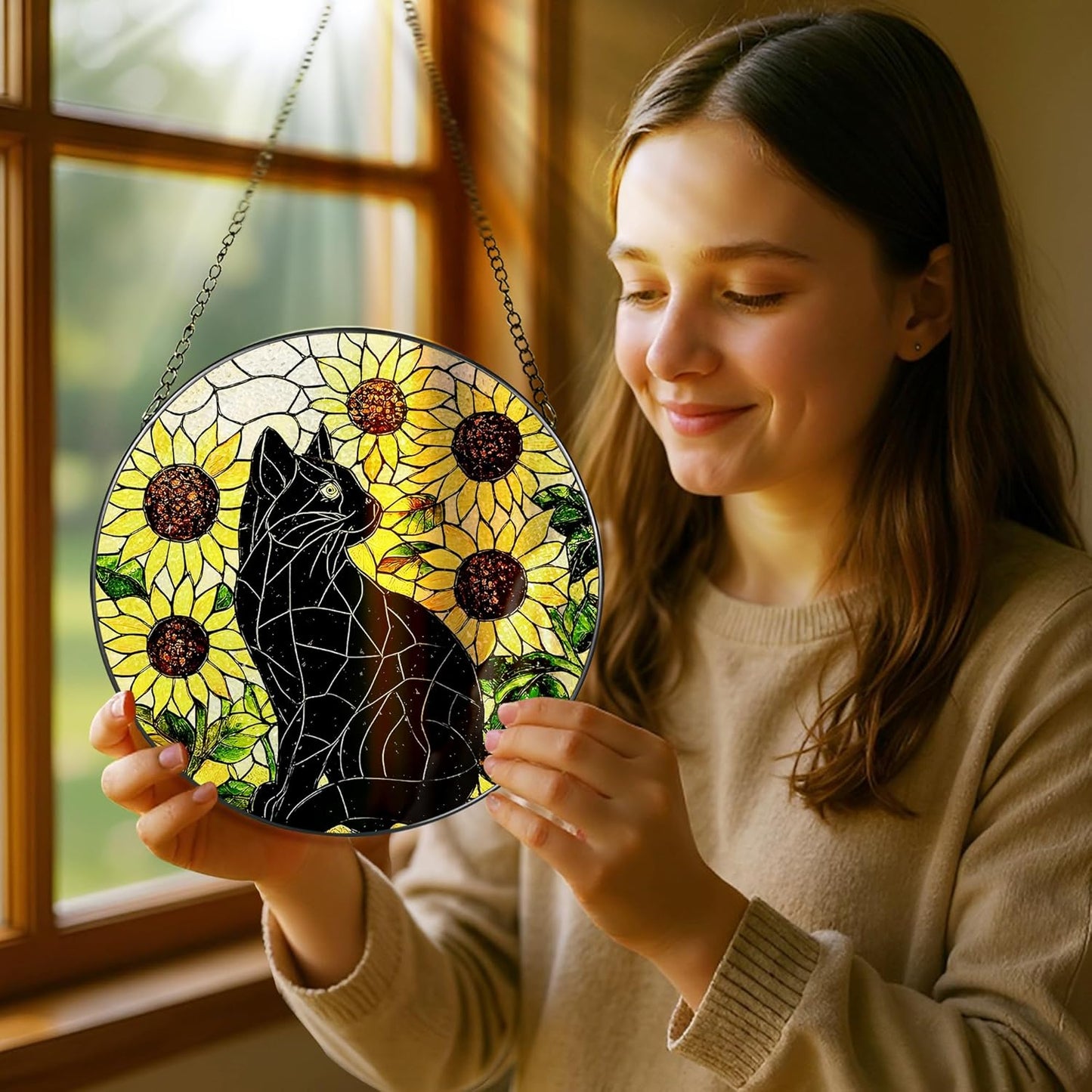 Stained Glass Window Hanging, Pauyadu 8 Inch Sunflower Black Cat Stained Glass Suncatcher, Cats Lover Gifts, Black Cat Memorial Ornament, Window Hanging Decor, Pet Gift, Gifts for Women, Mom