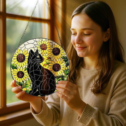 Stained Glass Window Hanging, Pauyadu 8 Inch Sunflower Black Cat Stained Glass Suncatcher, Cats Lover Gifts, Black Cat Memorial Ornament, Window Hanging Decor, Pet Gift, Gifts for Women, Mom