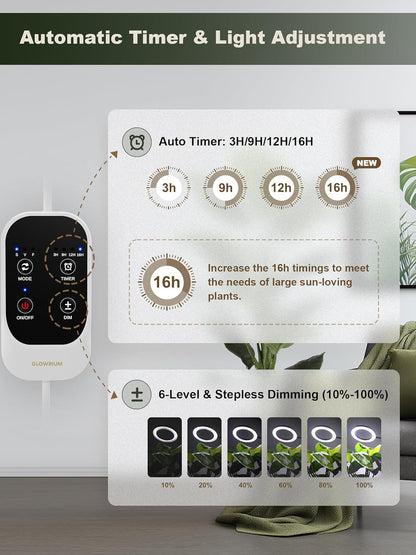 GLOWRIUM 24W LED Grow Light for Indoor Plants, 23.5-71" Adjustable Height, 3-Growing Full Spectrum for Tall Grow Light, High PPFD, 3/9/12/16H Timer, 6-Level Dimming, Ideal for Large Tall Plants