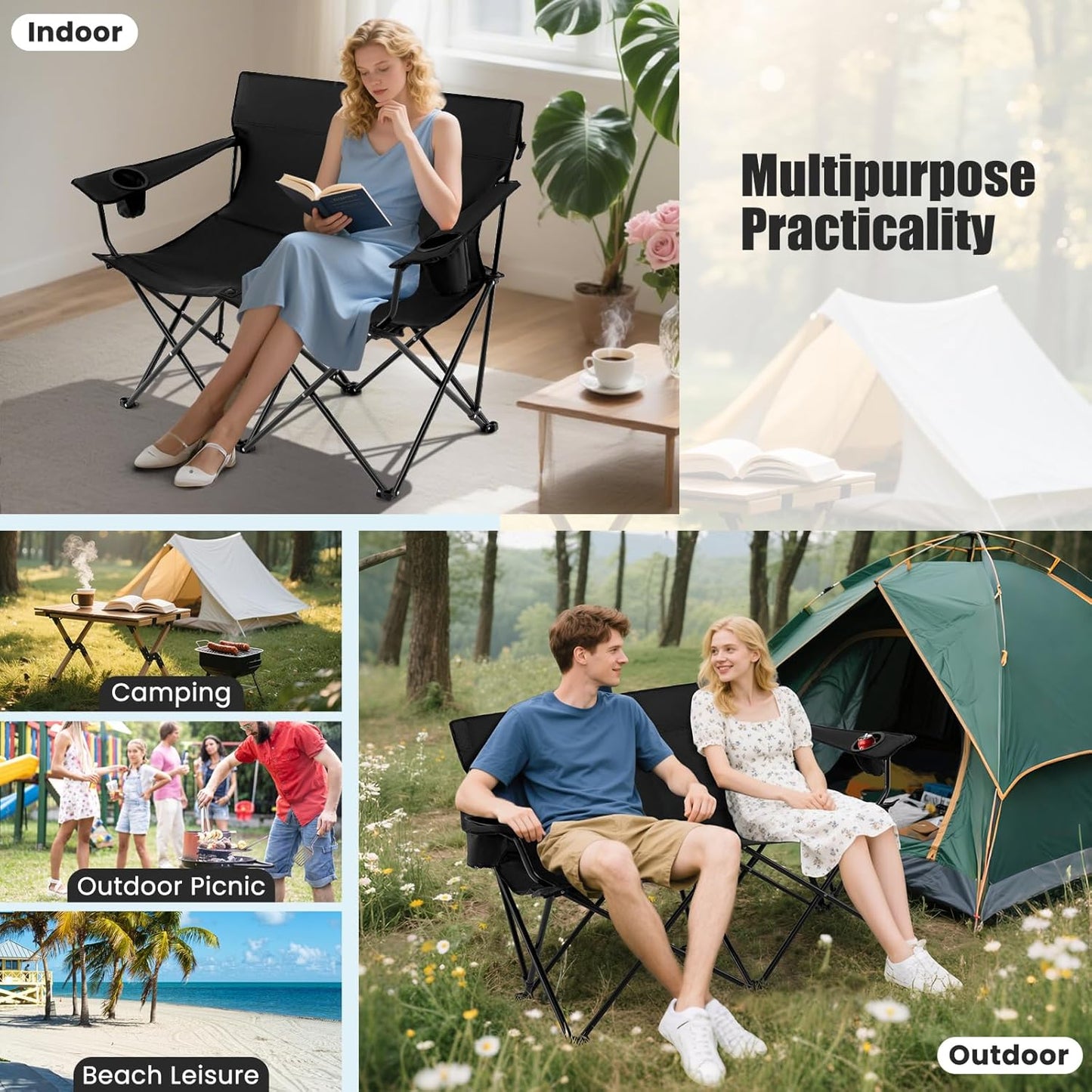 Goplus Double Camping Chair, Oversized Heavy Duty Camping Loveseat for Adults, Portable Folding 2 Person Camping Chair with Cup Holder for Outdoor Lawn Beach Backyard