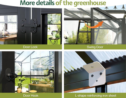 Jocisland 12x10x8 FT Greenhouse for Ourdoors, Quick-Connect Fittings, Aluminum Frame with 2 Vents, 2 Doors, and Walk-in Design for Garden or Backyard, Black