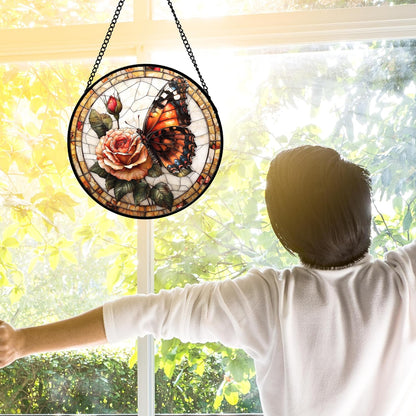 Stained Glass Window Hanging, Butterfly Picking Flowers Suncatcher for Doors Home Sun Catchers Decoration and Christmas, Mother's Day Birthday Gifts for Women, Men, and Mom 7.8 in