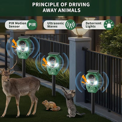 Ultrasonic Deer Repellent Devices Outdoor, 4 Pack Solar Animal Repellent Outdoor for Yard Garden Rabbit Repellent Device Effective Repel Cat, Dog, Squirrel, Deer, Raccoon, Rabbit, and Skunk