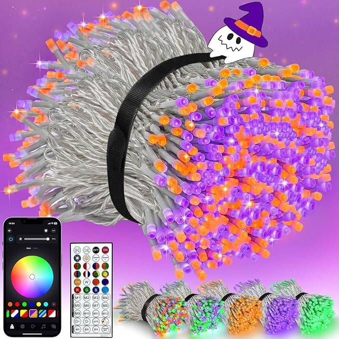 Smart LED Halloween String Lights with Remote & App 198FT 600LED, Waterproof RGB Dimmable Clear Wire Christmas Lights, Color Changing Christmas Tree Light Outdoor Indoor with Timer for Halloween Decor