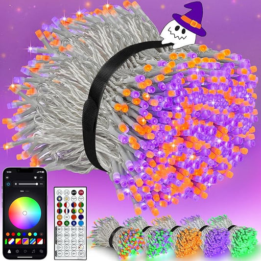 Smart LED Halloween String Lights with Remote & App 198FT 600LED, Waterproof RGB Dimmable Clear Wire Christmas Lights, Color Changing Christmas Tree Light Outdoor Indoor with Timer for Halloween Decor