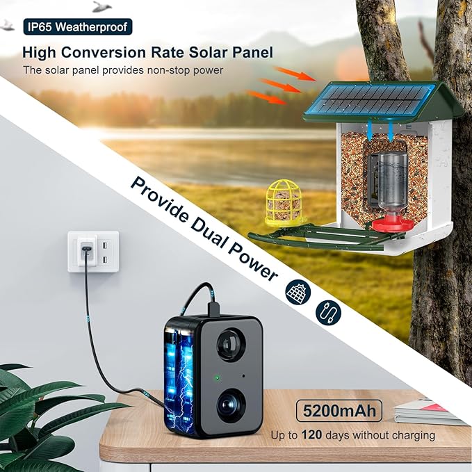 Bird Feeder with Camera-2K HD & Full Color Night Vision, Free AI Forever for 1,1000+ Species Identification, Solar Powered Wireless Outdoor, Includes 64GB TF Card, Two-Way Audio, App Alerts