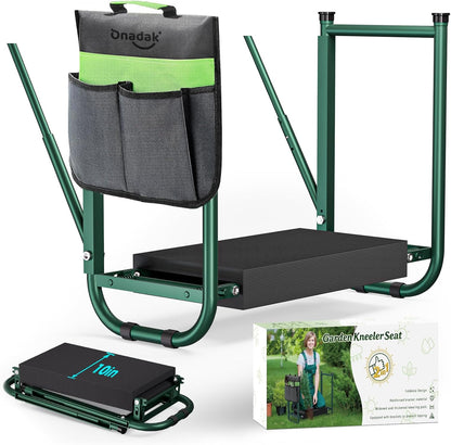Heavy Duty Garden Kneeler and Seat for Elderly, 400lbs Capacity Foldable Gardening Stool with Support Legs & Thick Pad, Includes Large Tool Organizer Bag, Green