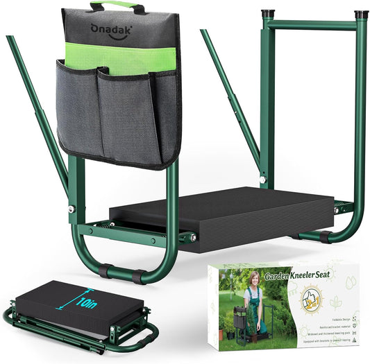 Heavy Duty Garden Kneeler and Seat for Elderly, 400lbs Capacity Foldable Gardening Stool with Support Legs & Thick Pad, Includes Large Tool Organizer Bag, Green