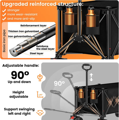 Collapsible Wagon Carts 570LBS Weight Capacity Foldable Beach Wagon with Big All-Terrain Wheels 330L Heavy Duty Utility Carts with Cup Holders for Camping, Garden, Sports, Grocery Black