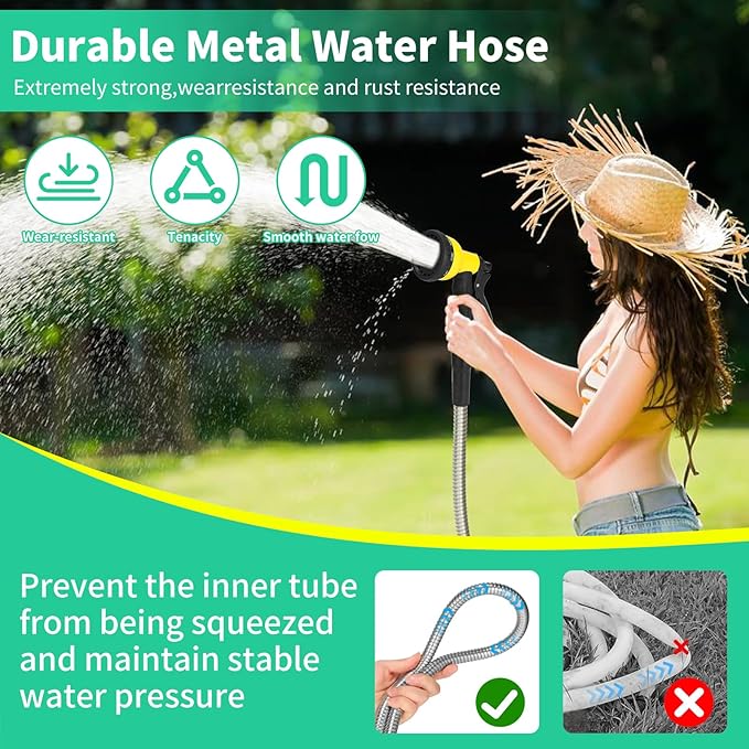 75FT Garden Hose, Flexible, Kink-Free, Lightweight, Crush Resistant Fittings AMOOX Stainless Steel Water Hoses with Nozzles Metal Hose for Yard, RV, Garden, Outdoor