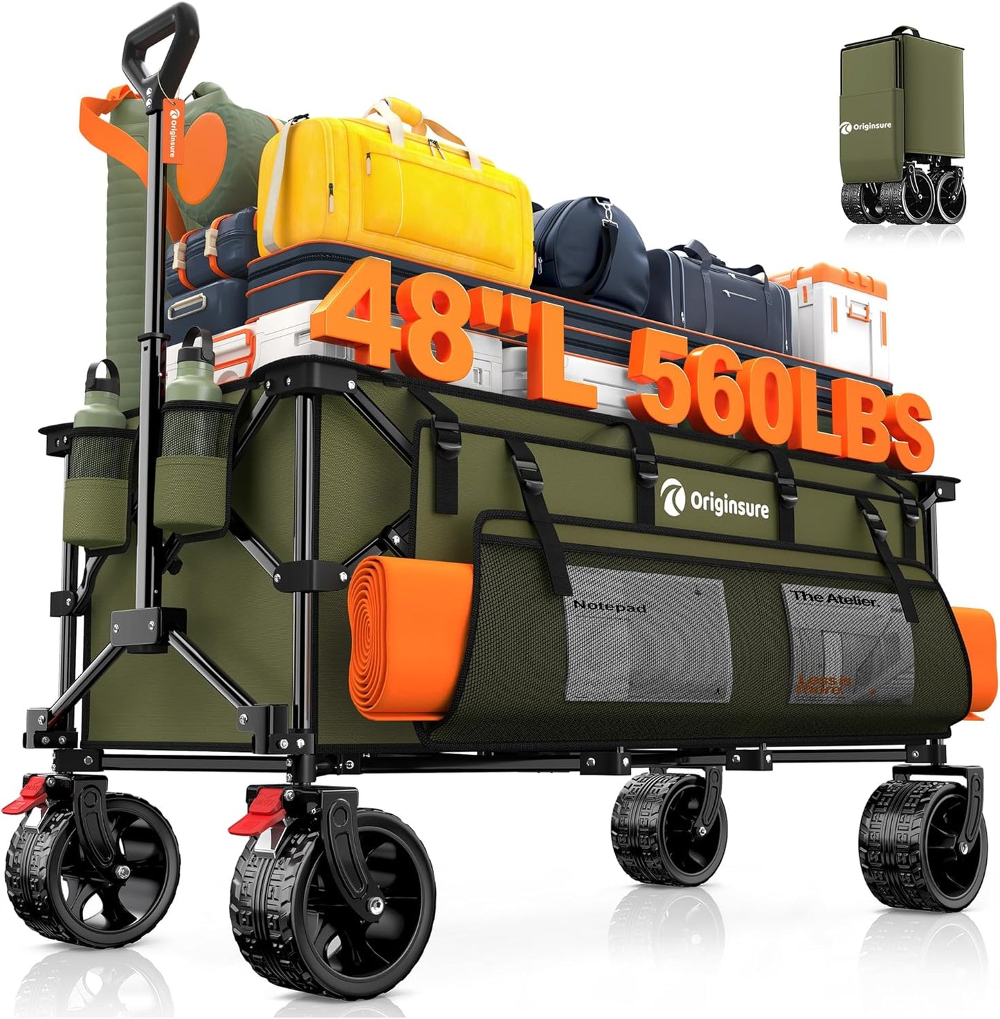 48" L Collapsible Wagon Cart Foldable, 560lbs Weight Capacity 300L Heavy Duty Folding Beach Wagons with Big All-Terrain Wheels, Utility Carts for Groceries, Shopping, Camping, Sports - Green