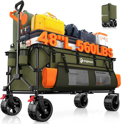 48" L Collapsible Wagon Cart Foldable, 560lbs Weight Capacity 300L Heavy Duty Folding Beach Wagons with Big All-Terrain Wheels, Utility Carts for Groceries, Shopping, Camping, Sports - Green