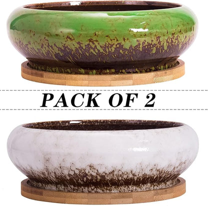 ARTKETTY Succulent Pots with Drainage, 2 Pack Large Succulent Planters Ceramic Bonsai Pot with Trays, 7.3 Inch Round Shallow Planters for Indoor Cactus Flower Plants