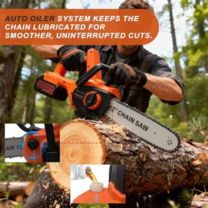 12-Inch Brushless Cordless Chainsaw, Electric Chainsaw with 49.6 FT/S Chain Speed & 42V (2 x 21V MAX) 4.0Ah Batteries with Power Display, Auto Oiling, Wood Cutting & Tree Trimming, Power Gift For Dad