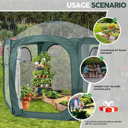 Porayhut Pop up Greenhouse Tent,Portable Large Walk-in Plant House 10’X10’ ,Indoor Outdoor Gardening Plant Sunshine Room with PVC Mesh Cloth Cover for Protecting Plant from Cold Frost & Birds