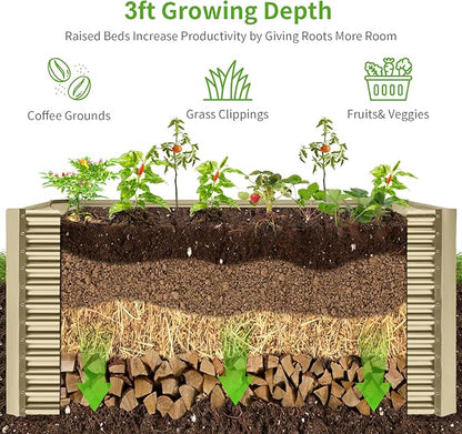 Land Guard 6x3x3ft Rectangular Galvanized Raised Garden Beds, Large-Capacity Metal Planter Box Outdoor, Durable Deep Raised Garden Bed 3ft Tall, Raised Beds for Gardening Vegetables, Cream Yellow