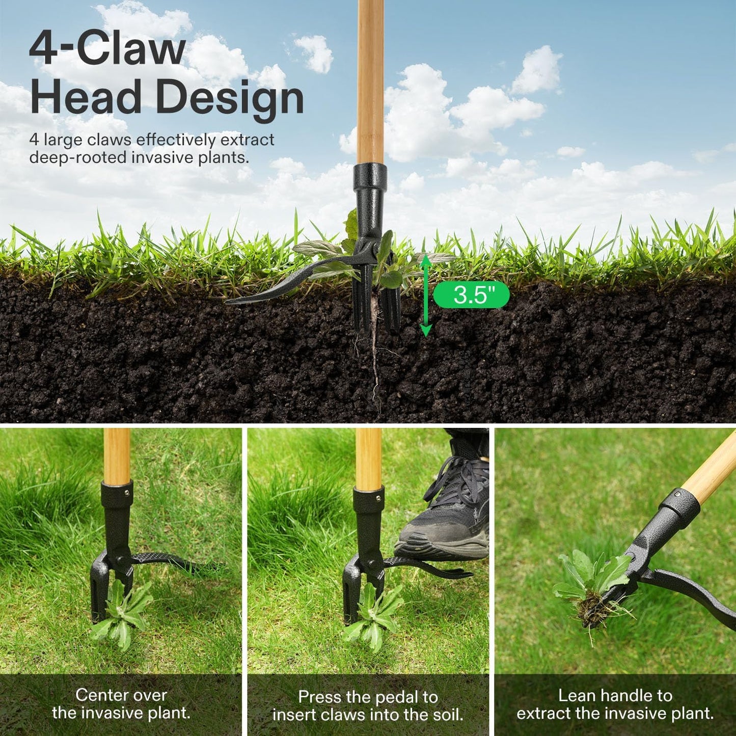 VIVOSUN 47" Weed Puller, Stand-Up Weed Puller Tool with Bamboo Handle & 4-Claw Steel Head, Sectional Pole Design, Easy Weeding Without Pulling, Bending, or Kneeling