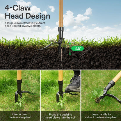 VIVOSUN 47" Weed Puller, Stand-Up Weed Puller Tool with Bamboo Handle & 4-Claw Steel Head, Sectional Pole Design, Easy Weeding Without Pulling, Bending, or Kneeling