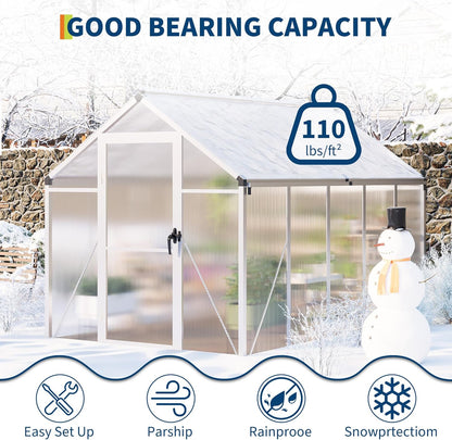 6x10 ft Greenhouse for Outdoors, Polycarbonate Greenhouse with Roof Vent, Ground Nails, Lockable Push Door, Aluminum Large Walk-in Green House for Outside Garden Backyard, Patio, Lawn, Silver