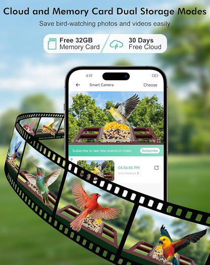 Smart Bird Feeder with Camera,5200mAh Battery with Solar Panel, 4K Native Resolution Live View, AI Species Identification, Auto Capture & Instant Arrival Alert, Ideal Gift for Bird Lovers (Red Green)