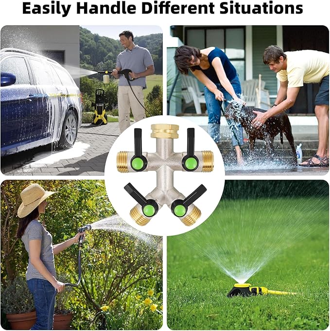 4 Way Hose Splitter, Brass High Flow Garden Hose Splitter Heavy Duty, Hose Connector, Water Spigot Splitter, Full Flow Faucet Splitter with shutoff, 3/4” GHT Inlet