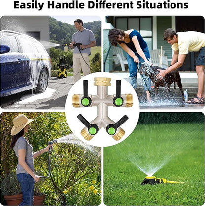 4 Way Hose Splitter, Brass High Flow Garden Hose Splitter Heavy Duty, Hose Connector, Water Spigot Splitter, Full Flow Faucet Splitter with shutoff, 3/4” GHT Inlet