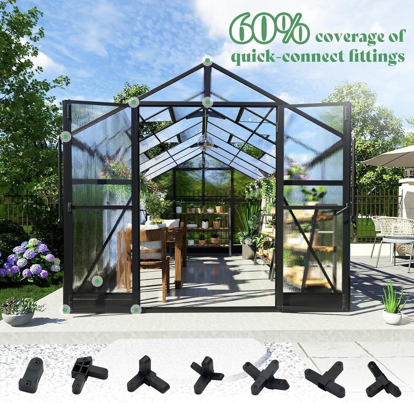 AMERLIFE 8x14x7FT Polycarbonate Greenhouse, Walk in Greenhouse with Quick-Connect System, Green House with 4 Vent Windows and Swing Door, Greenhouses for Outdoors, Glossy Black