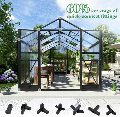 AMERLIFE 8x14x7FT Polycarbonate Greenhouse, Walk in Greenhouse with Quick-Connect System, Green House with 4 Vent Windows and Swing Door, Greenhouses for Outdoors, Glossy Black