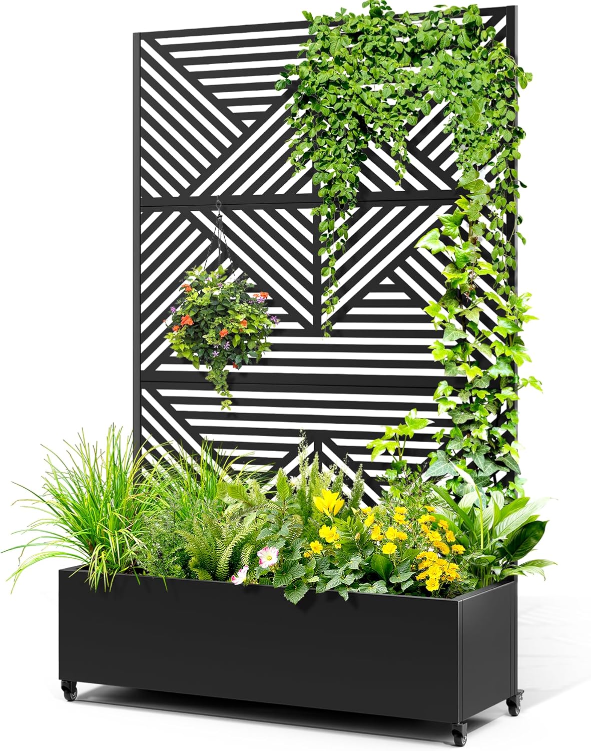 Metal Raised Garden Bed with Trellis, 2-in-1 Planter Box & Privacy Screen for Climbing Plants, Outdoor Standing Flower Bed with Drainage Holes, 47.2" L x 16.7" W x 70.8" H, Black-Zodiac
