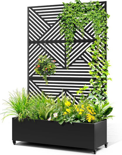 Metal Raised Garden Bed with Trellis, 2-in-1 Planter Box & Privacy Screen for Climbing Plants, Outdoor Standing Flower Bed with Drainage Holes, 47.2" L x 16.7" W x 70.8" H, Black-Zodiac