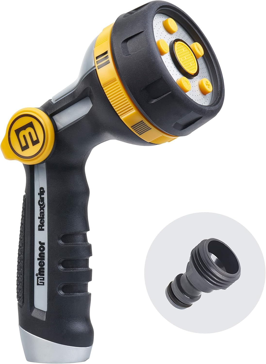 Melnor 65130AMZ RelaxGrip Thumb Control 5 Pattern w/Adpt Nozzle Bundle, QuickConnect Product Adapter, Black, Yellow
