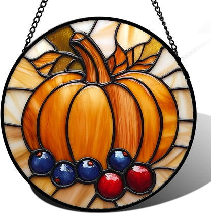 Stained Glass Window Hanging Fall Pumpkin Berries Large 15" - Suncatcher Door Garden Kitchen Sunroom Sun Catcher Autumn Home Decor Birthday for Mom Grandma Men Woman
