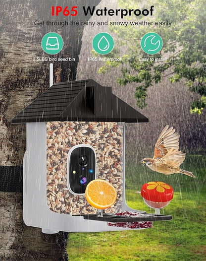 Smart Bird Feeder with Camera,5200mAh Battery with Solar Panel, 4K Native Resolution Live View, AI Species Identification, Auto Capture & Instant Arrival Alert, Ideal Gift for Bird Lovers (Dark Grey)