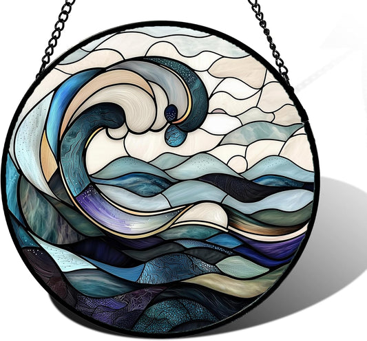 Stained Glass Window Hanging, Ocean Waves Sun Catchers Diamond Glass Panel Hangings Abstract Suncatcher Decor for Birthday for Women, Men, Wife, Aunt, and Mom 9.8 in