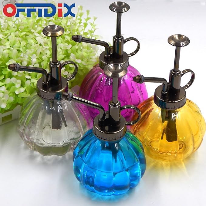 OFFIDIX Glass Watering Spray Bottle, 6.3" Tall Vintage Style with Bronze Plastic Top Pump One Hand Watering Can Spray Bottle (Light Blue)