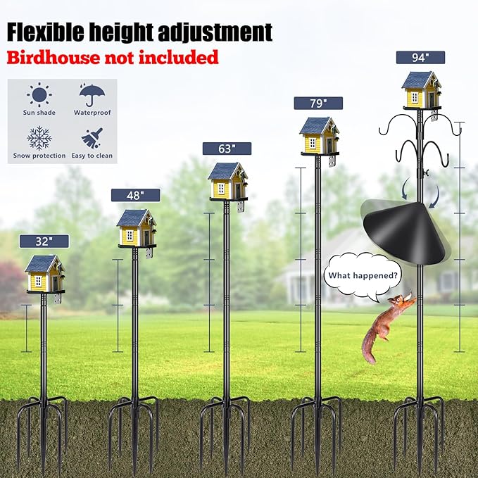 Gtongoko Smart Bird Feeder Pole Squirrel Proof 94 Inch with 4 Shepherds Hooks Hanging Bluebird House Pole for Outdoors Squirrel Baffles for Feeders Metal Heavy Duty Mounting Kit