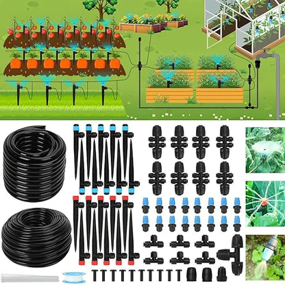 177FT Drip Irrigation Kit – 2025 New Quick-Connect Micro Irrigation System with 46FT 1/2'' Tubing, Locking Nozzle Emitters, Adjustable Misting Sprayers for Gardens, Lawns, Raised Beds and Greenhouses