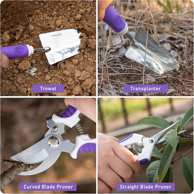 Purple Garden Tool Set Gardening Items for Women - 11PCS Heavy Duty Garden Tools with Detachable Storage Bag, Weeder, Dual-Purpose Hoe