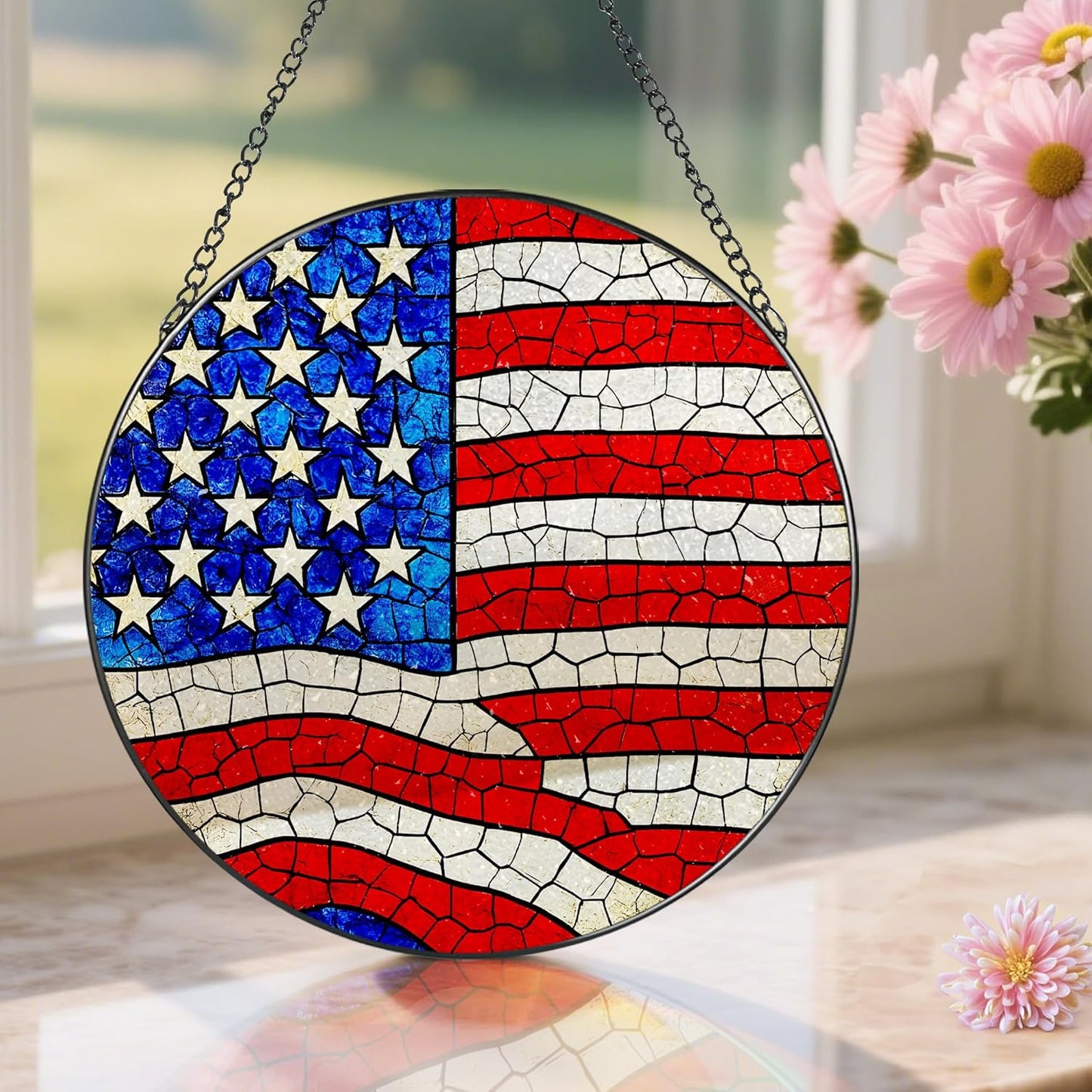 Stained Glass Window Hanging, Pauyadu 8 Inch American Flag Stained Glass Suncatcher, Patriotic Home Decor, Window Decor, USA Flag Gift Ideas, Patriotic Themed Gifts, Gifts for Women and Men