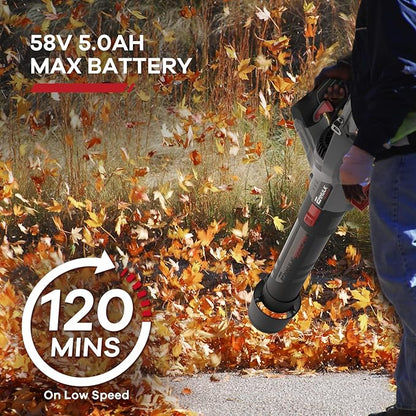 58V 930CFM Max Leaf Blower Cordless, Brushless Motor, Cruise Control, Turbo Variable-Speeds, CoolBlast Tech, 5.0AH Battery and Charger Included