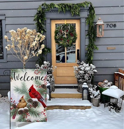 Welcome Christams Garden Flags for Outside Decoration, Cardinal Pine Twigs Berry Small Yard Flag, Seasonal Farmhouse Winter Xmas Holiday Outdoor Decor 12x18 Inch Vertical Double Sided