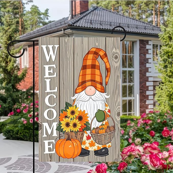 Thanksgiving Fall Garden Flag 12x18 Inch Welcome Gnome Flag Double Sided Autumn Yard Banner Sunflowers Pumpkins Acorn Basket for Porch Lawn Patio Seasonal Decor