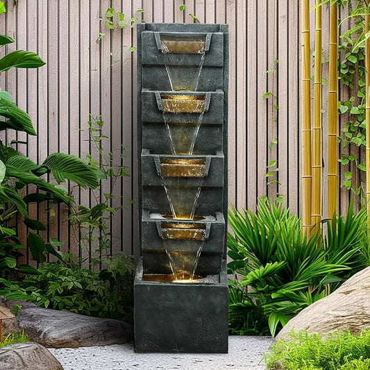 SunJet 4-Tiers Modern Cascading Indoor/Outdoor Fountains and Waterfalls with LED Lights - 39.3" High Large Water Fountain for Garden, Patio, Yard, and Deck Decor - Relaxing Water Fountain Outdoor